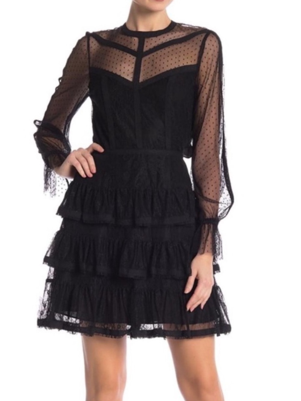 $298Rebecca Minkoff Black Sheer Polka Dot Long Sleeve Tiered Dress size 4